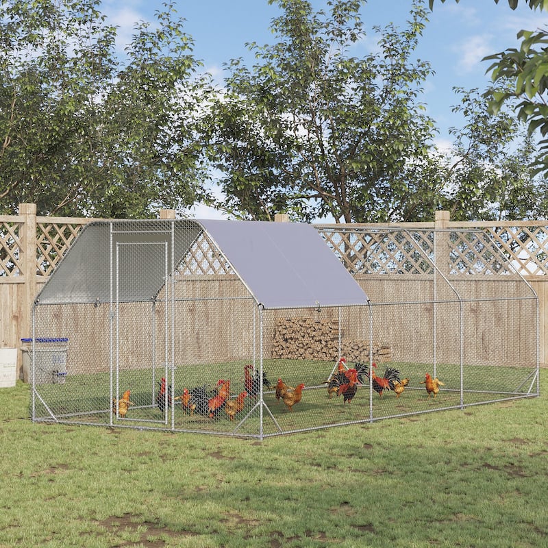 Large Metal Chicken Coop with Shady Roof and Lockable Door Walk-in Poultry Run for 15-18 Hens