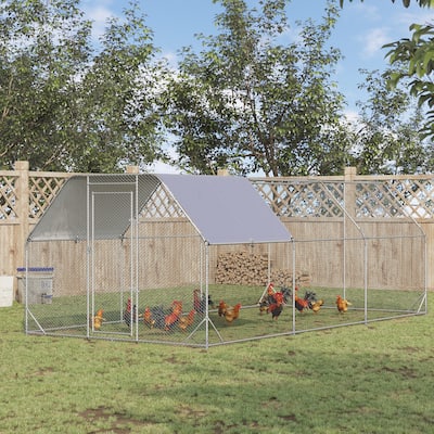 Large Metal Chicken Coop with Shady Roof and Lockable Door Walk-in Poultry Run for 15-18 Hens