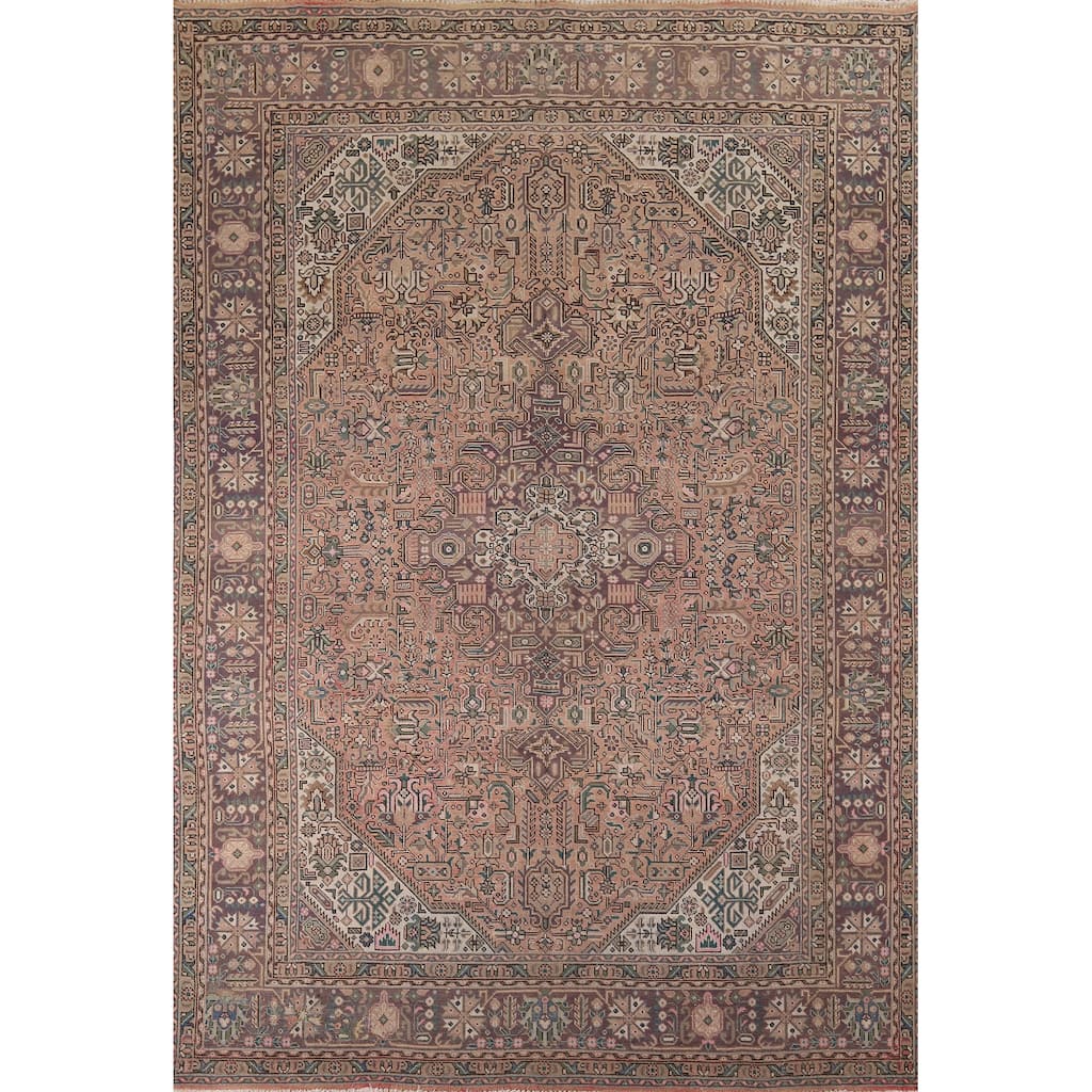 Pink Geometric Tabriz Vintage Persian Rug Hand-Knotted Wool Carpet - 8'0" x 11'2"