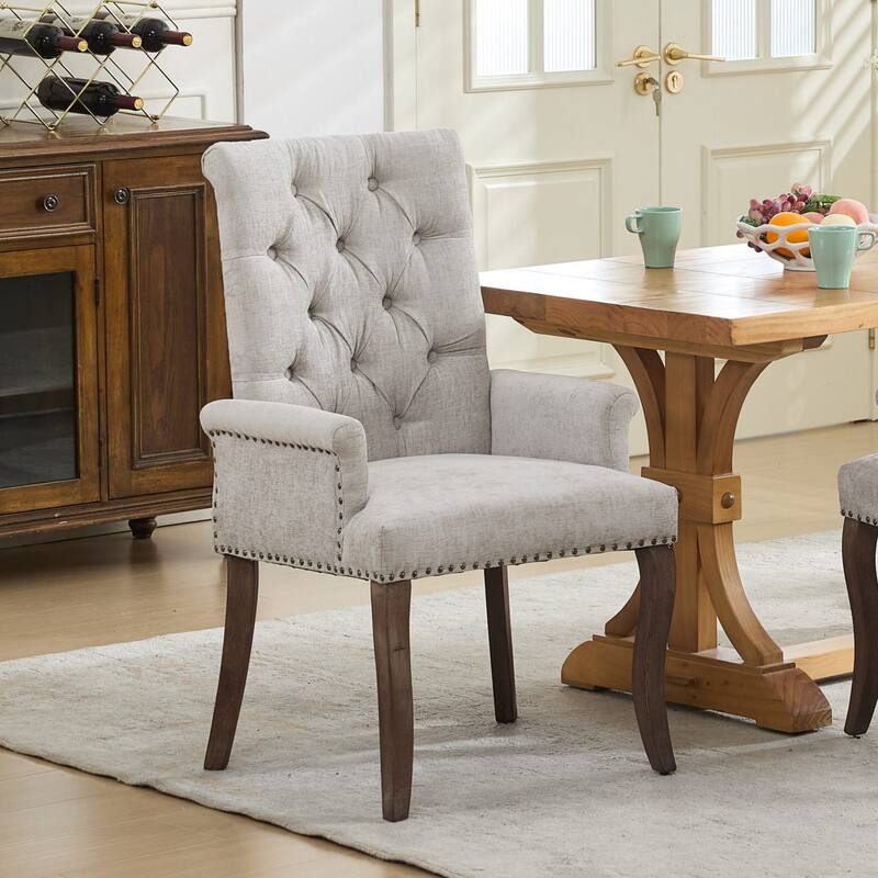 Upholstered Chenille Dining Chairs, Tufted Accent Armchairs with Curved Solid Wood Legs, Dining Room Arm Chair
