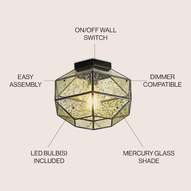 Bee 12.5" 1-Light Vintage Farmhouse Iron/Glass LED Flush Mount, Oil Rubbed Bronze by JONATHAN Y - 1 Light