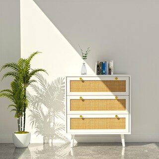 3-Drawer White Chest of Drawers with Pine Wood Legs Farmhouse Rattan Dresser 31.5 in. W x 36 in. H x 15.7 in. D