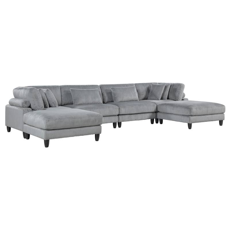 6pc Gray Corduroy Modular Sectional Set - 2 Armless Chairs, 2 Corner Seats, 2 Ottomans with Pillows
