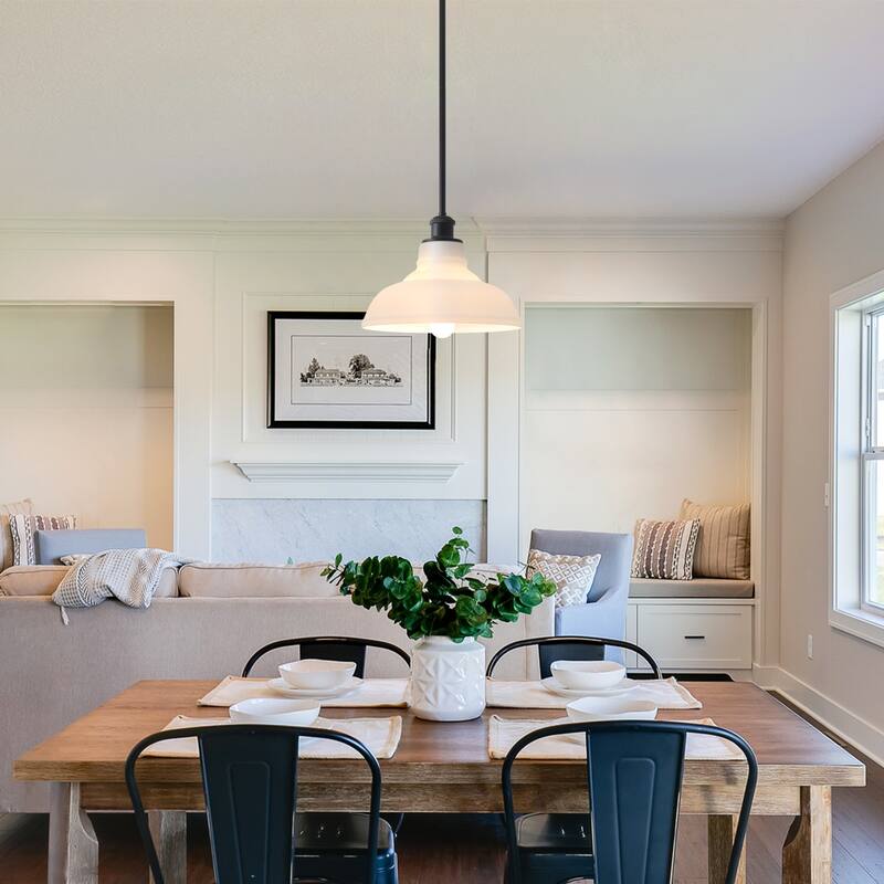 1-Light Adjustable Dome Shaded Pendant Light with Cream Glass Shade, Semi Flush Mount Chandelier for Dining Room Living Room