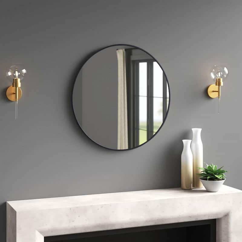 Black Metal Frame Round Wall Mirror Glass Hanging