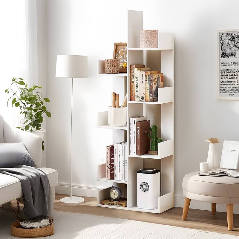 Wooden Tree Bookcase with 8 Book Shelves Freestanding Room Dividers, Floor Standing Storage Rack, Display Shelf