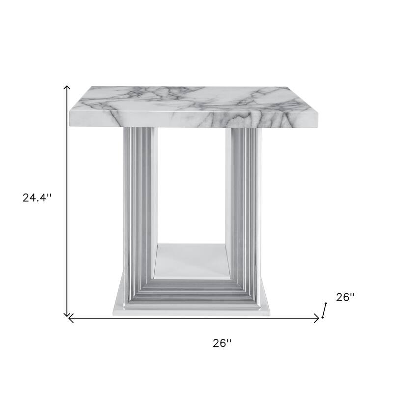 HomeRoots 24" White and Silver Faux Marble and Wood Pedestal End Table - 26' X '24.4' X '26