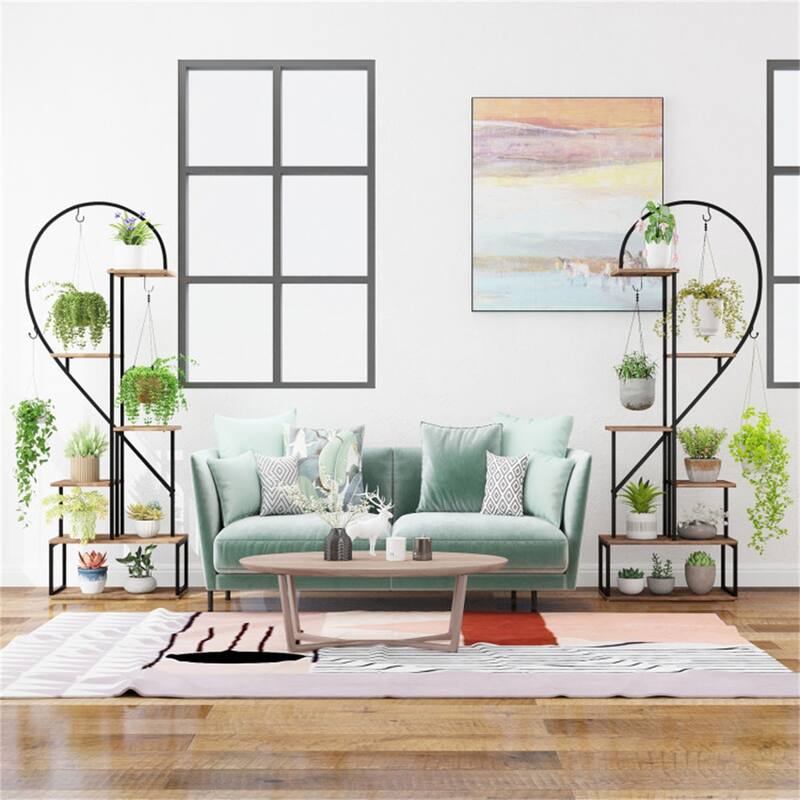 2 Pieces 6-Tier Flower Display Stand with Hooks and Heart-Shaped Plant Shelves for Home Decor - 22" x 11" x 66"
