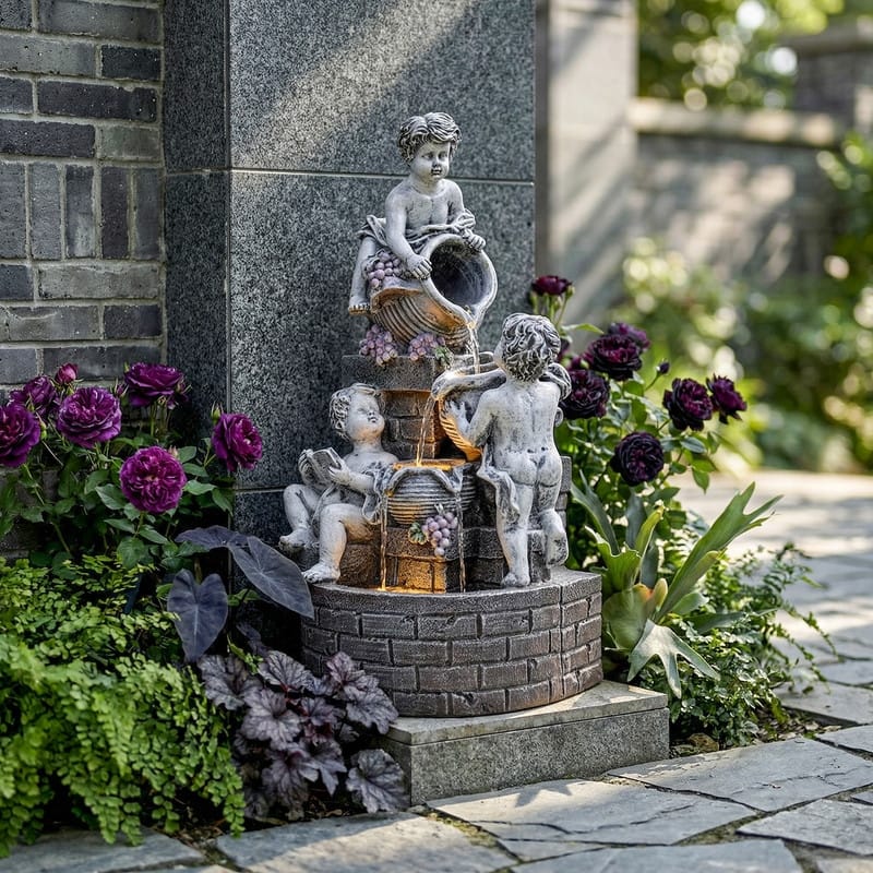 3 Tier Angel Sculpture Outdoor Water Fountain with Grape Decor 20.87in Height and Lights