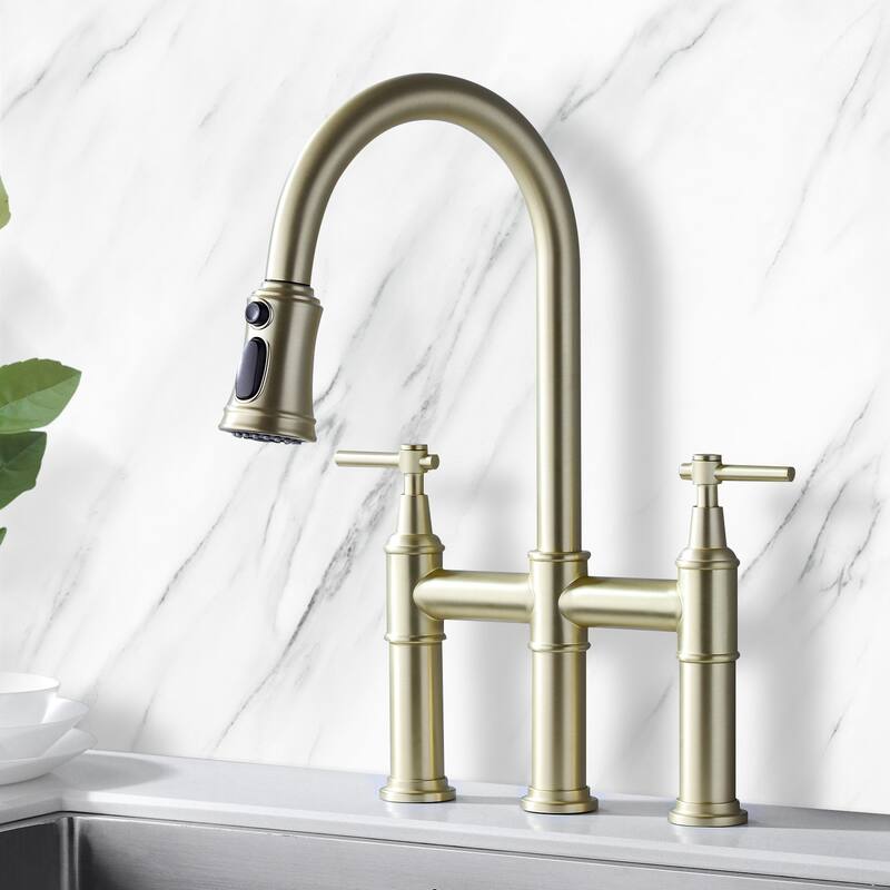 Transitional Bridge Kitchen Faucet with Pull-Down Sprayhead, Double Handle Kitchen Sink Faucet
