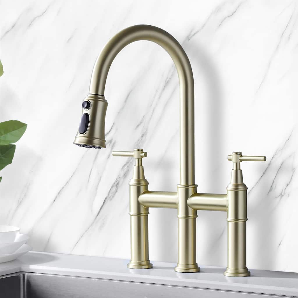 Transitional Bridge Kitchen Faucet with Pull-Down Sprayhead, Double Handle Kitchen Sink Faucet