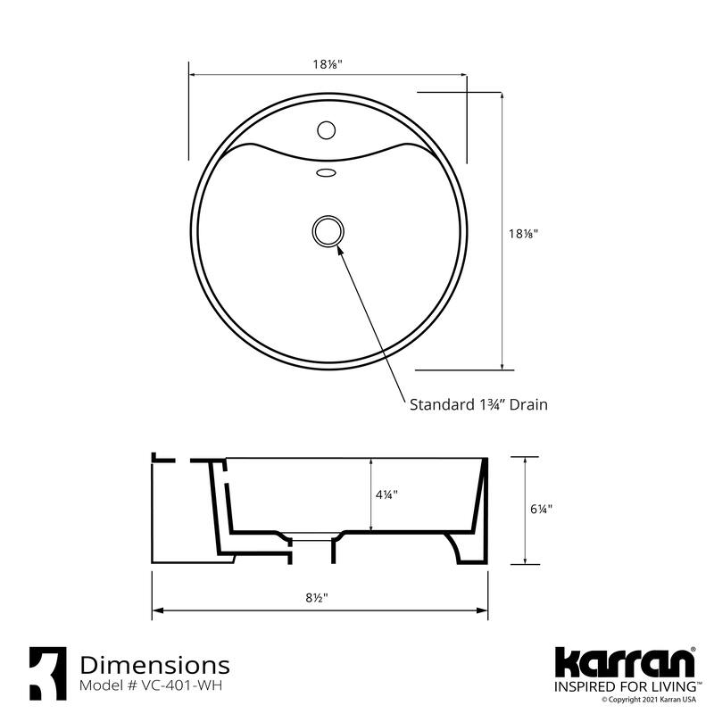 Karran Valera 18" Vitreous China Vessel Bathroom Sink in White with Overflow Drain