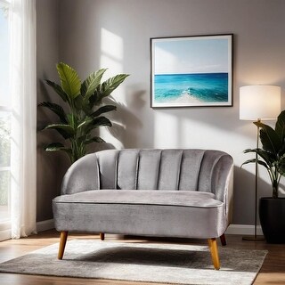 Grey Velvet Shell-Back Loveseat with Birch Wood Legs and Channel-Tufted ...