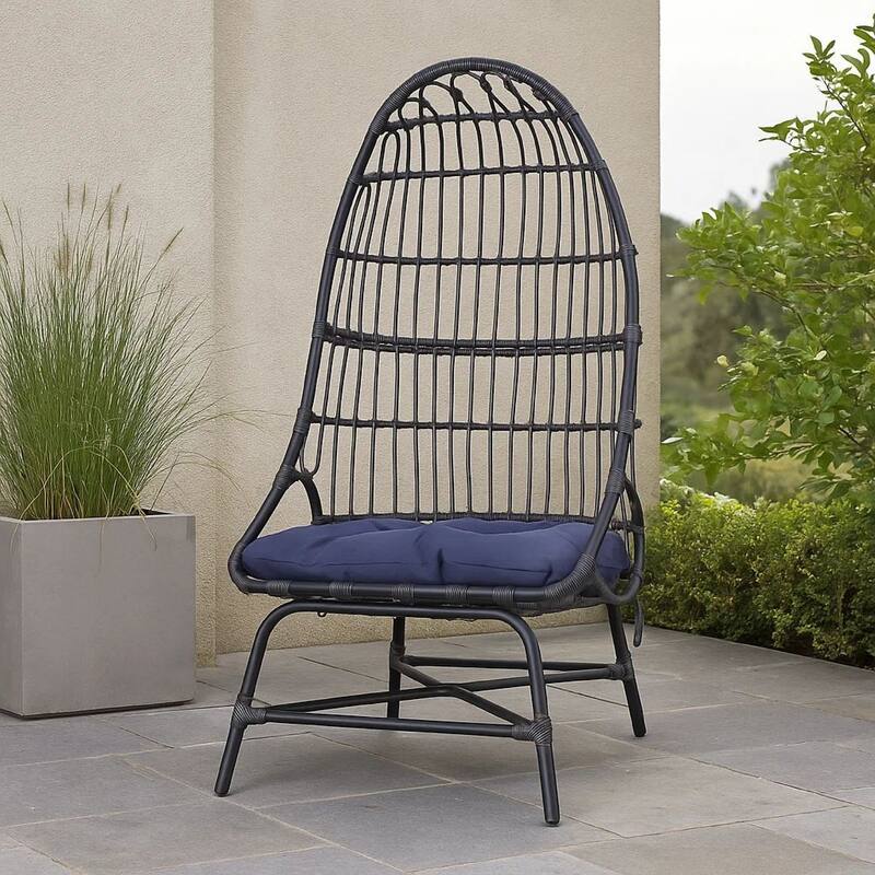 Elena Outdoor Chair, Basket Shape, Gray Fabric, Black PE Rattan, Iron