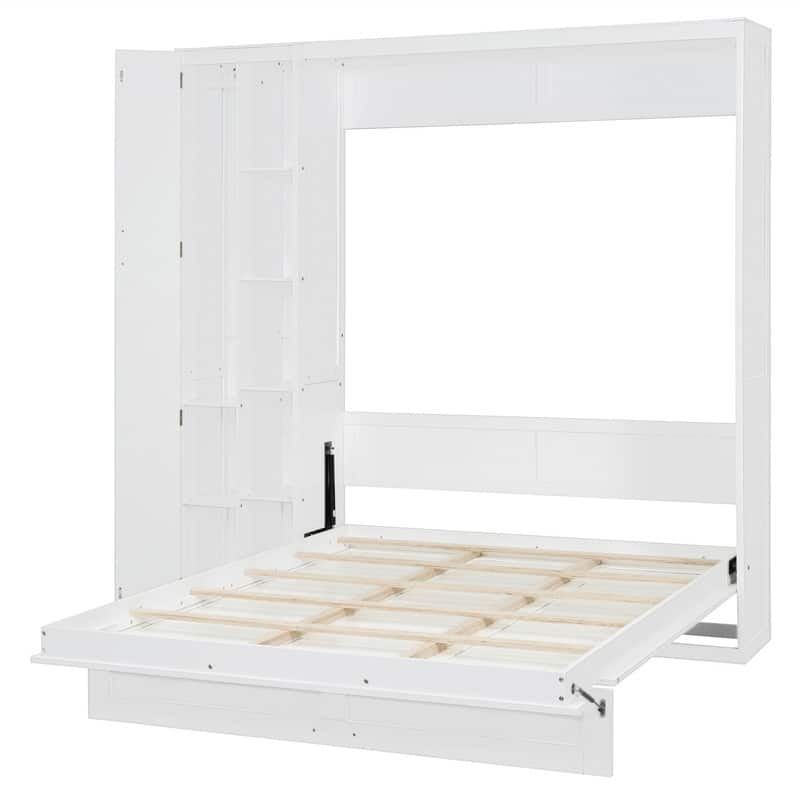 Full/Queen Size Murphy Bed Wall Bed with LED Lights and Storage Cabinet, Foldable Murphy Cabinet Bed with Open Storage Shelves