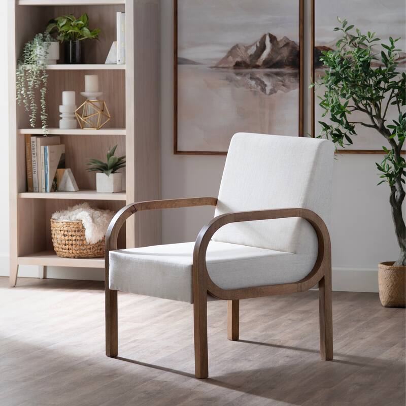 Tan Upholstered Accent Arm Chair with Brown Solid Wood Frame