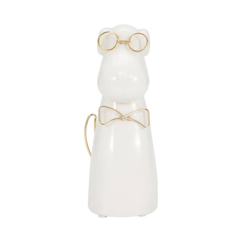 Sagebrook Home Glam Stoneware and Metal Dog Figurine with Bowtie and Glasses - Elegant Decorative Accent Sculpture - White/ Gold - 4" x 3" x 7"