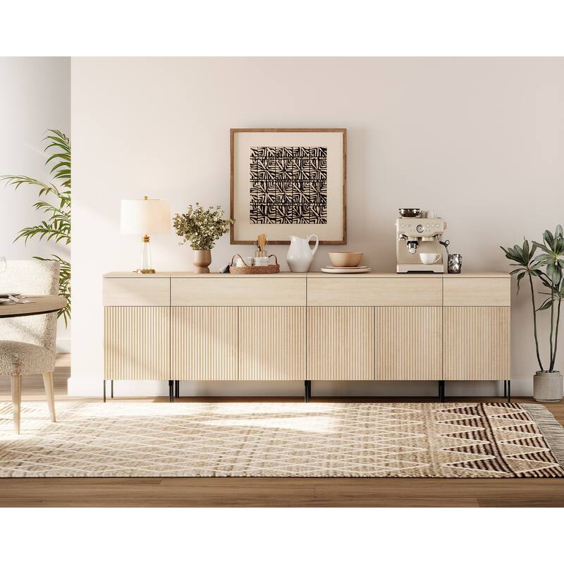 94.5" Wooden Sideboard With Reeded Design, 4-In-1 Modern Credenza With Charging - Beige