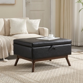 HOMFFUN Linen/Leather Upholstered Mid-century Modern Rectangle Wood ...