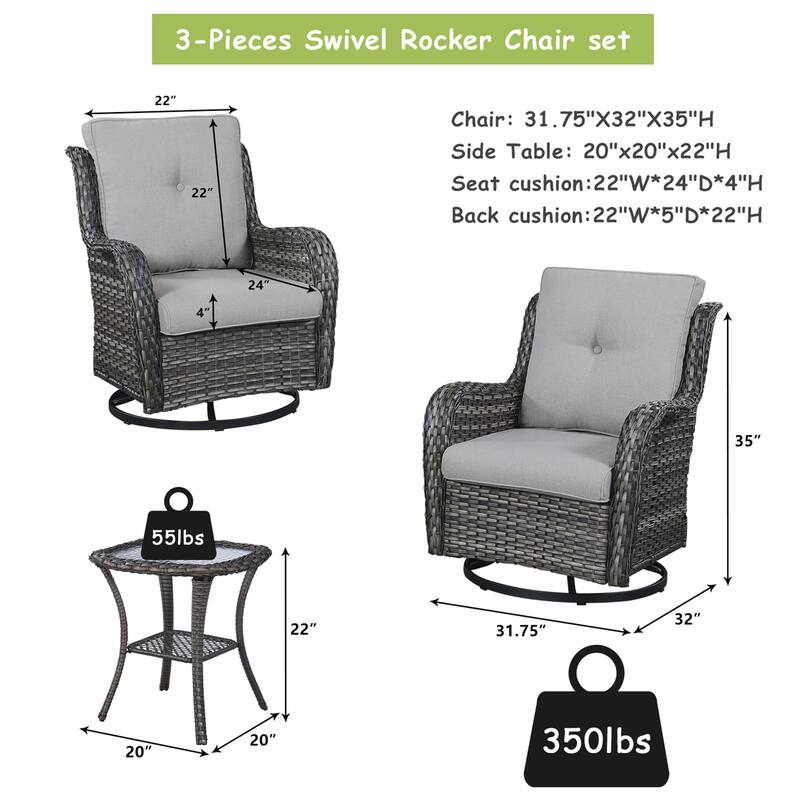 Pocassy 3-Piece Outdoor Swivel Bistro Set, Wicker Rocking Chairs