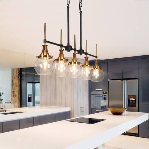 Beta Modern 5-Light Linear Glass Chandelier Kitchen Island Lights for Dining Room - Black&Gold - 36.2'' L x 4.7'' W x 20.5'' H