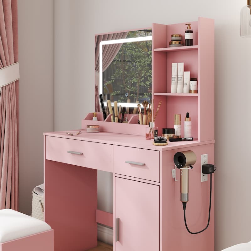 Roundhill Furniture Lavin Makeup Vanity Set, LED Light Mirror and Charging Station