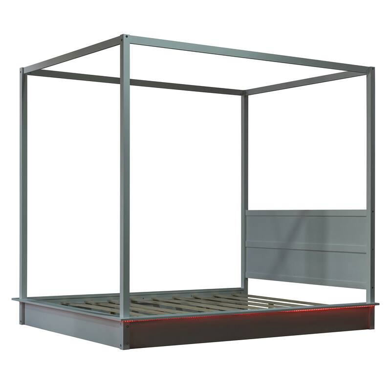 Queen Size Solid Wood LED Canopy Bed with 4-Post Frame and Headboard, Modern Floor Bed, Wooden Canopy Bed Frame for Bedroom