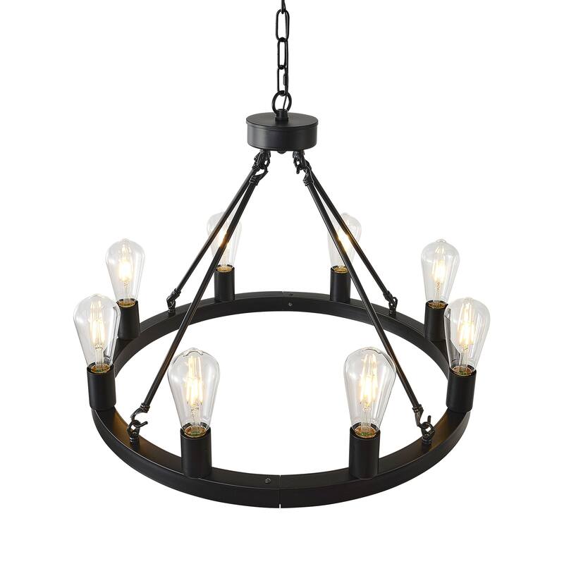 8-Light Matte Black Wagon, Wheel Chandelier Farmhouse, Modern Small Round Chandelier, for Living, Room