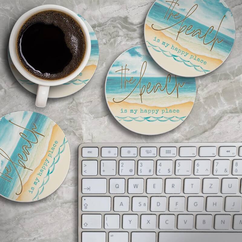 CounterArt My Happy Place Absorbent Stone Tumbled Tile Coaster Set of 4 Made in The USA Protective Cork Backing