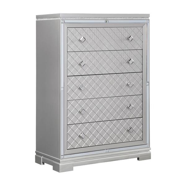 Axl 52 Inch 5 Drawer Tall Dresser, Mirror Trim, Crystal Accent, Silver