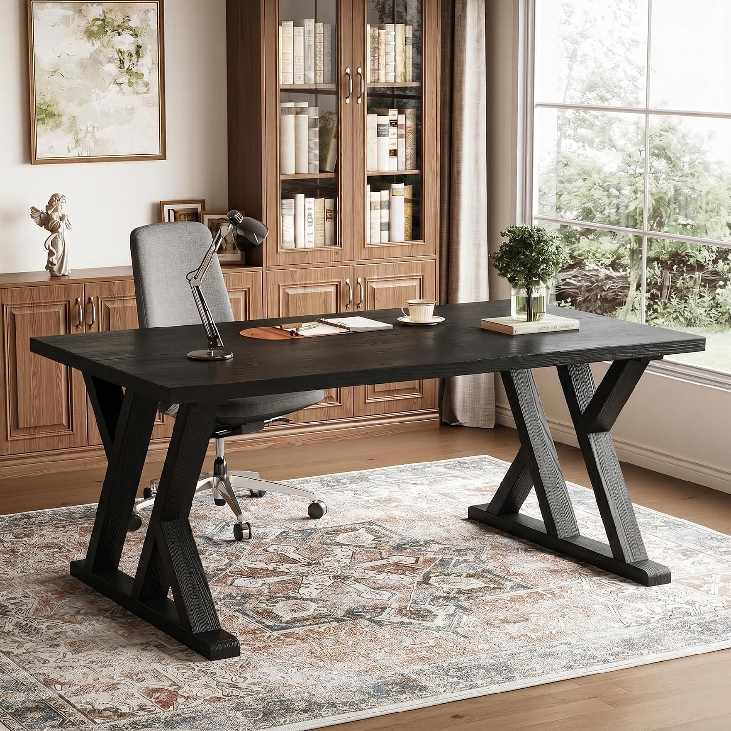 63" Solid Wood Executive Desk for Home Office, Farmhouse Wooden Large Office Computer Desk