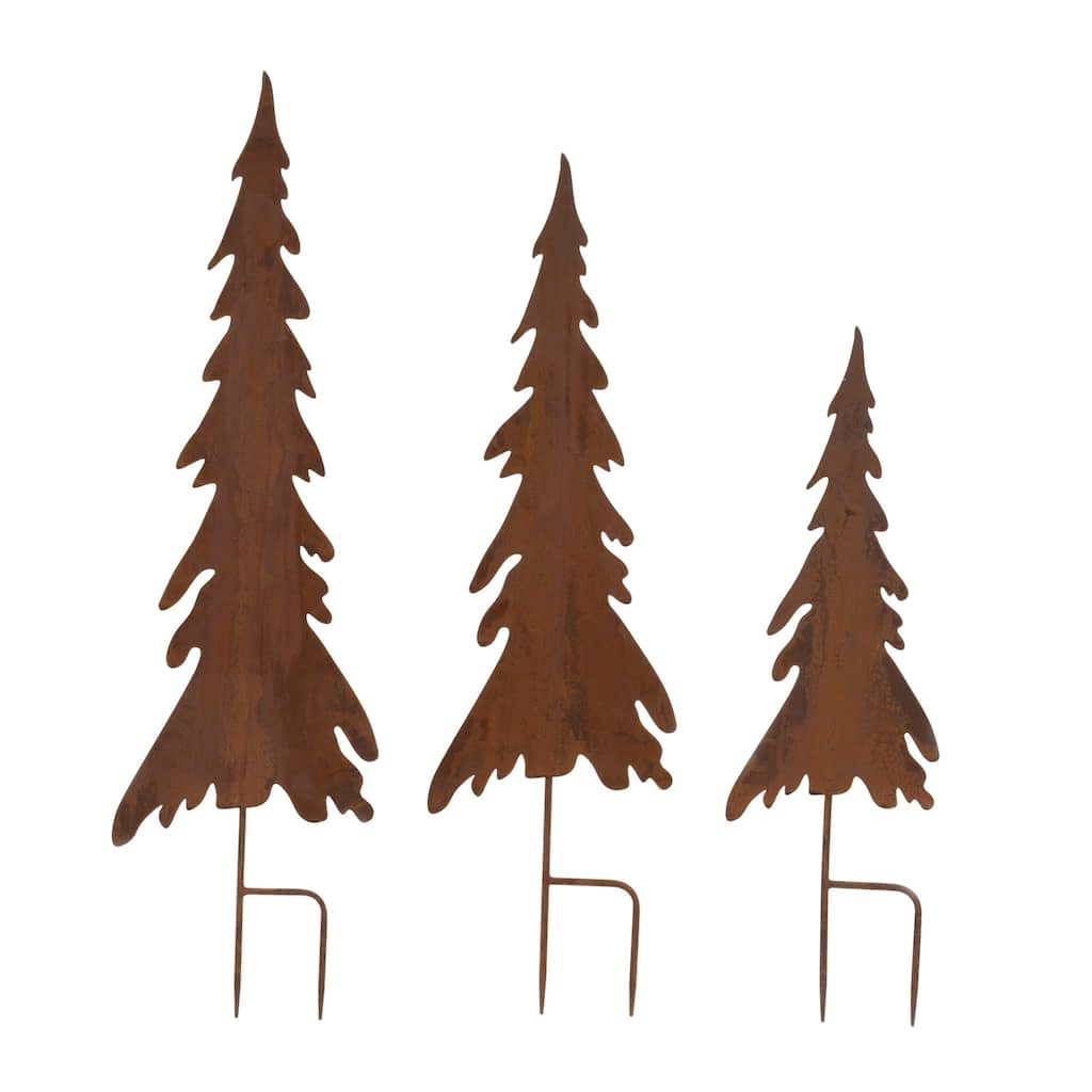 Rusted Iron Pine Tree Stake (Set of 3) - Brown