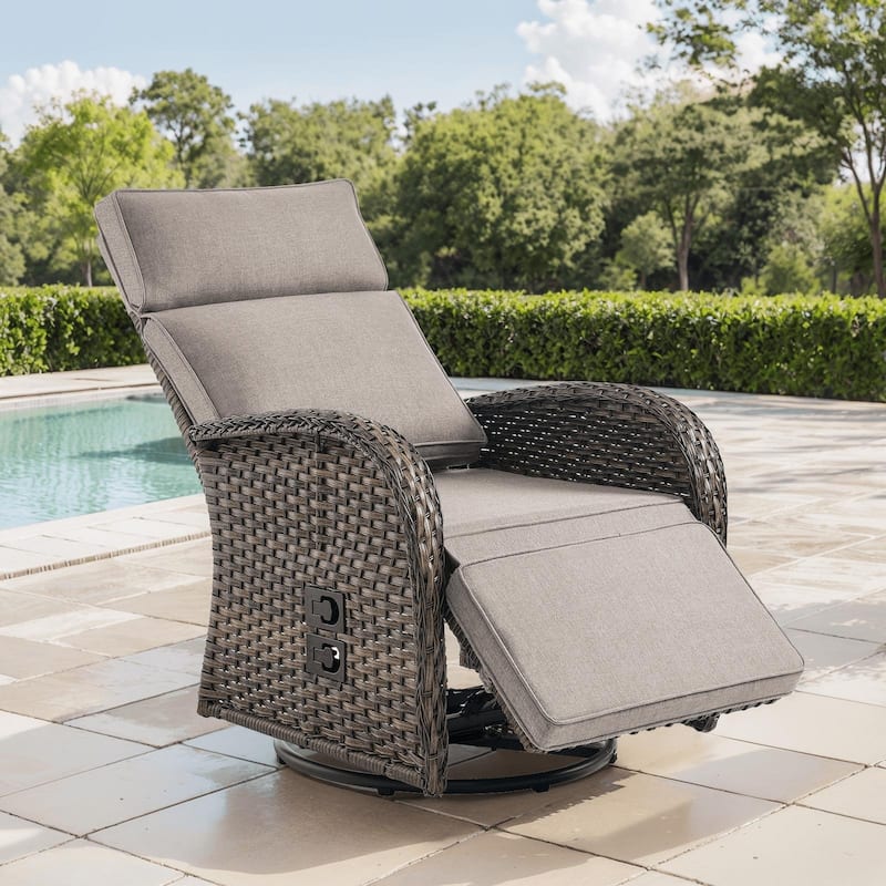Pocassy Outdoor All-Weather Brown Wicker Chaise Lounge Chair Beige Cushion - Beige Cushion