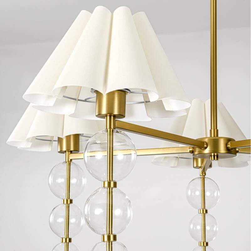 Rennnsan 5-Light 35 in. Transitional Gold Chandelier with Clear Glass Orbs and Fabric Shades - 34.6 in. Dia x 16.1 in. H