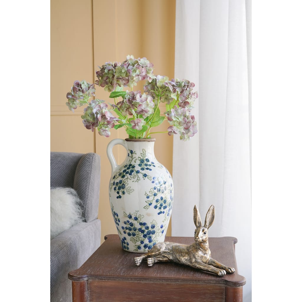 7.5x7.3x12" White Ceramic Vase With Blue Berry Motif