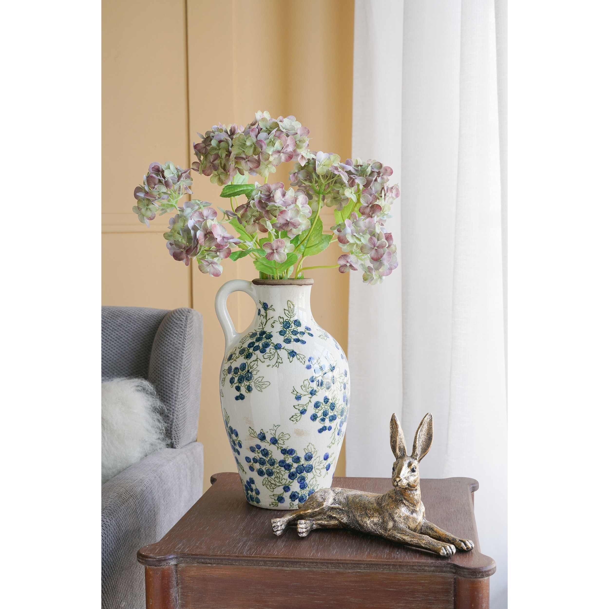 7.5x7.3x12" White Ceramic Vase with Blue Berry Motif