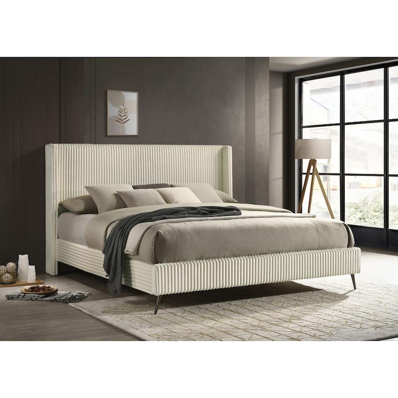 King Size Upholstered Panel Bed with Wingback Headboard and Wooden Slats - Cream