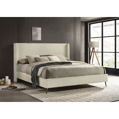 King Size Upholstered Panel Bed with Wingback Headboard and Wooden Slats