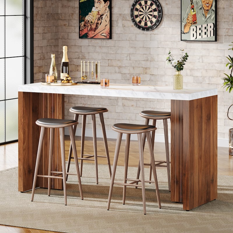 55'' Home Bar Unit, Bar Table with Faux Marble Finished Tabletop