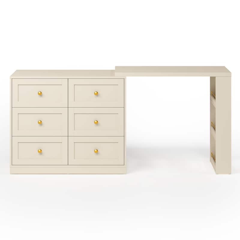 Extendable Makeup Vanity Desk with 6 Drawers - Beige