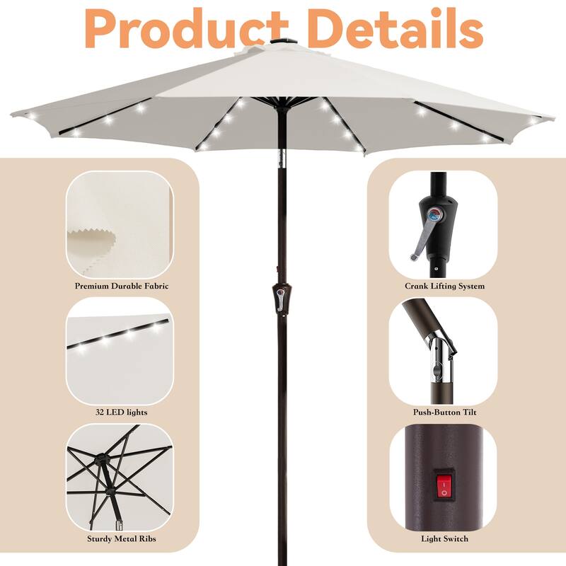 9ft Patio Market Umbrella with LED Lights,Crank & Tilt