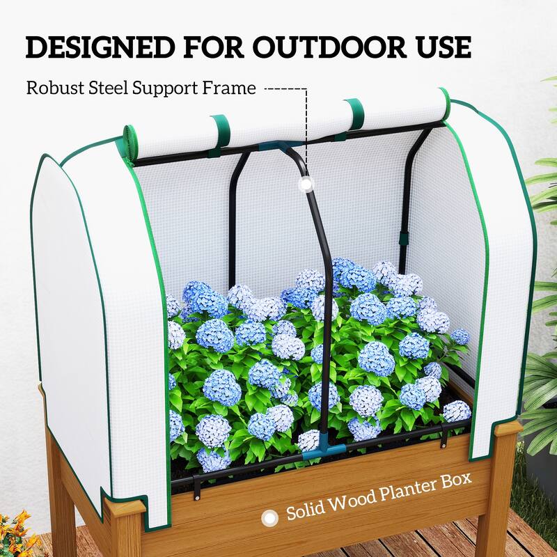 Outsunny Raised Garden Bed with PE Greenhouse Cover Outdoor Elevated Wood Planter Box , 35 x 22 x 47 inch