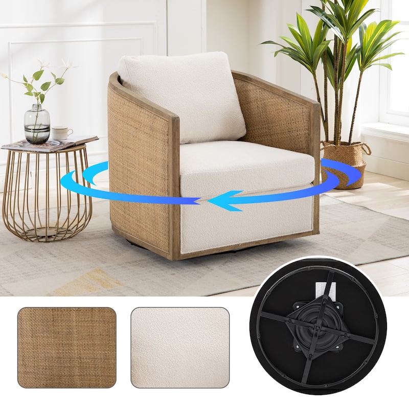 Rattan Swivel Barrel Chair, Round Accent Sofa Chair for Living Room, 360° Rotating Club Chair, Leisure Armchair for Office - Beige