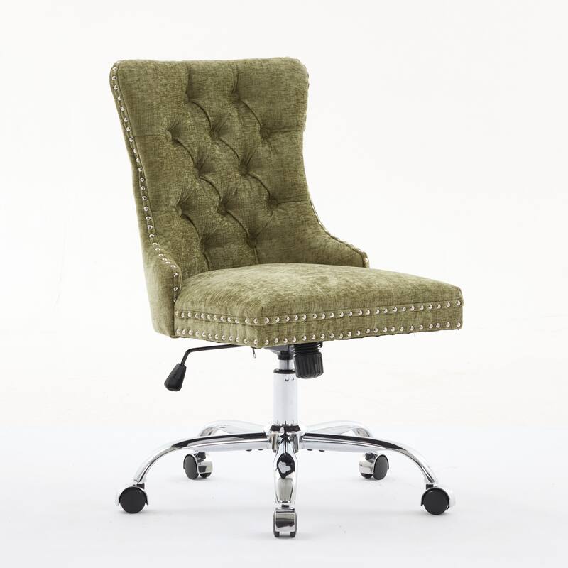 Chenille Upholstered Swivel Office Chair, Tufted Button Home Office Chair, Adjustable Vanity Chair with Metal Base