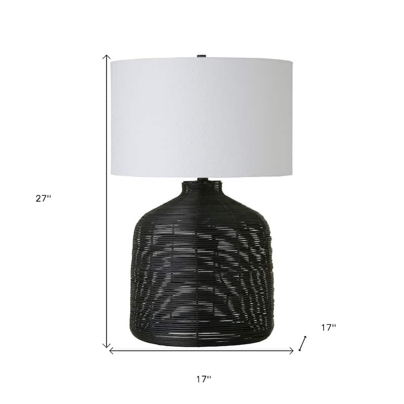 27" Coastal Rattan Table Lamp with Linen White Drum Shade and Included 72" Cord for Bedroom or Living Room