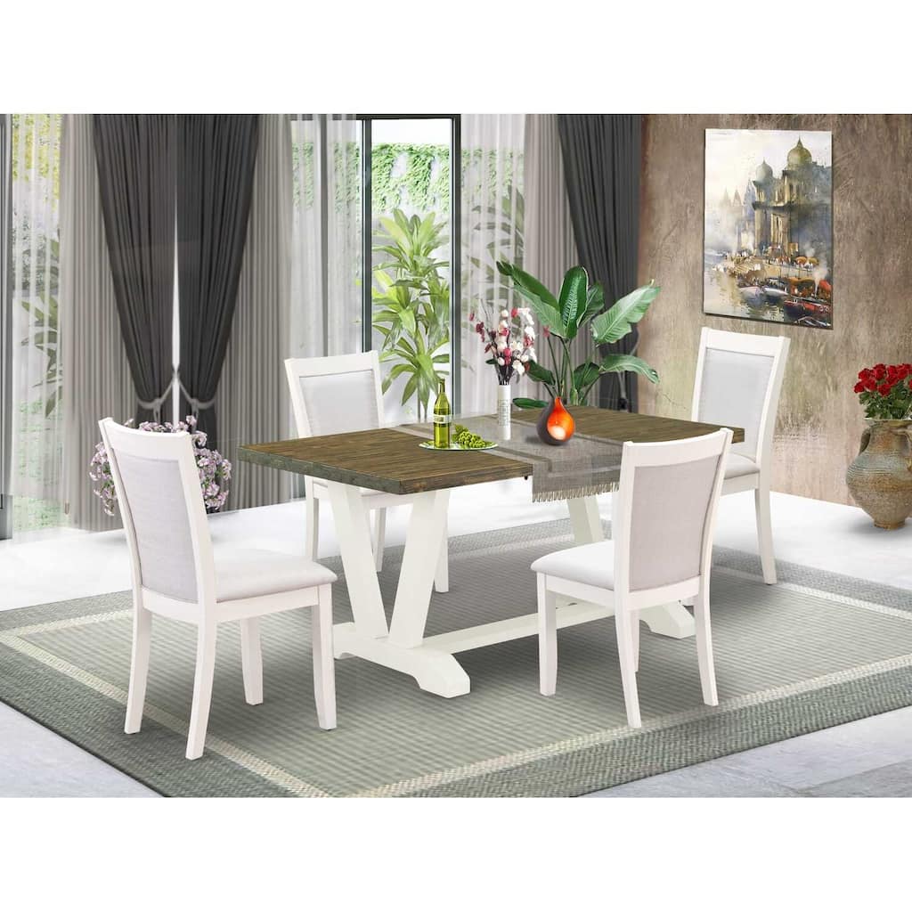 HomeStock 5-Piece Wire Brushed Linen White Finish Solid Wood Top Dining Table with 4 Upholstered Chairs