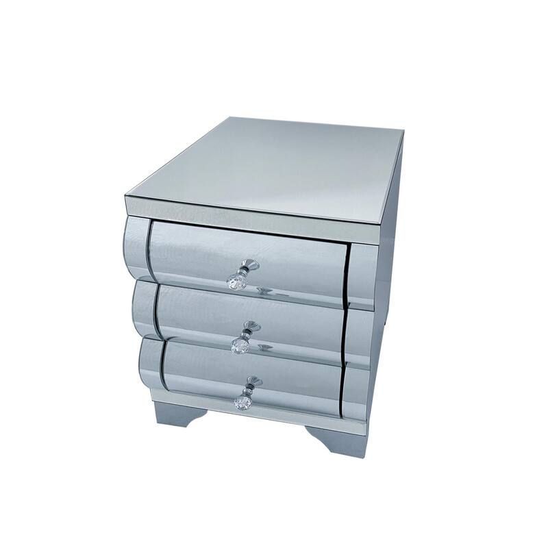 Baked curved mirror Nightstand with 3 Drawer Glass Bedside Table Chest of Drawers for Bedroom Small Spaces End Table