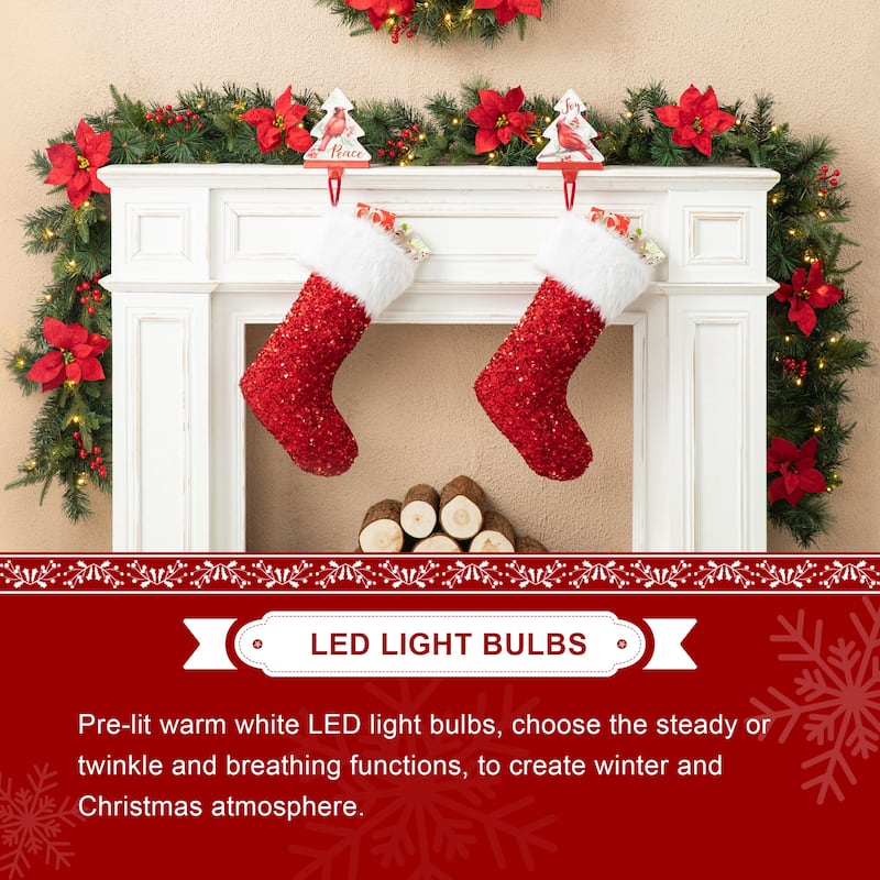 Glitzhome Set of 2/4 6ft Pre-Lit Flocked Greenery Pine White Poinsettia Christmas Garland