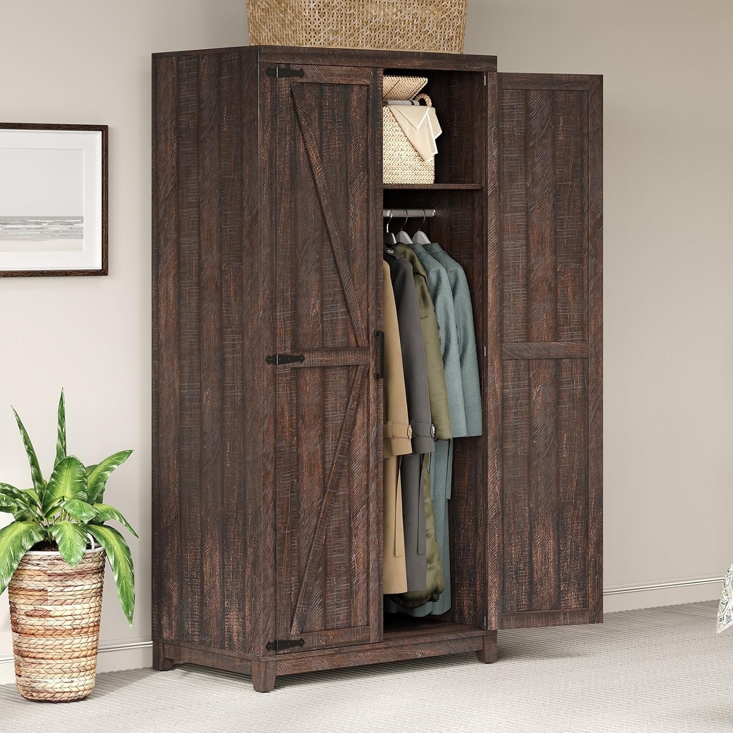 70 Inch Farmhouse Armoire Wardrobe with Hanging Rod and 2 Barn Doors, Espresso Finish