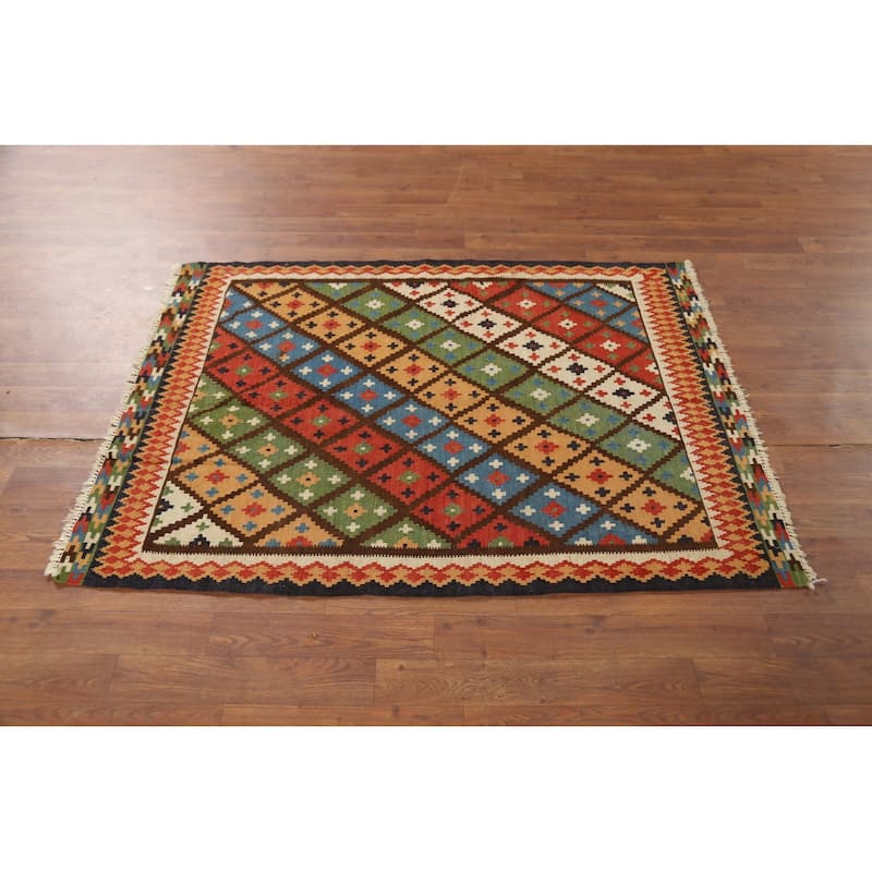 Vegetable Dye Kilim Qashqai Persian Rug Hand-Knotted Wool Carpet - 3'5"x 4'8"